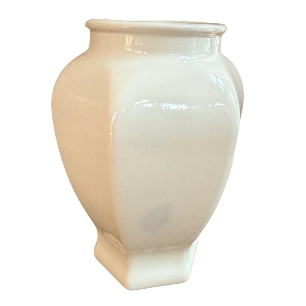 Vintage Hand Painted Ceramic Vase - White Hexagonal Footed Urn - Orange Floral